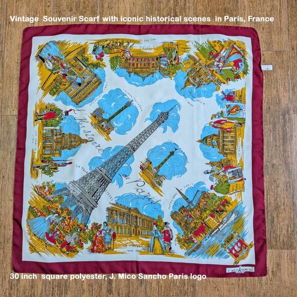 VTG Souvenir Scarf, Historical scenes in Paris, France, 30" square polyester - Picture 6 of 16